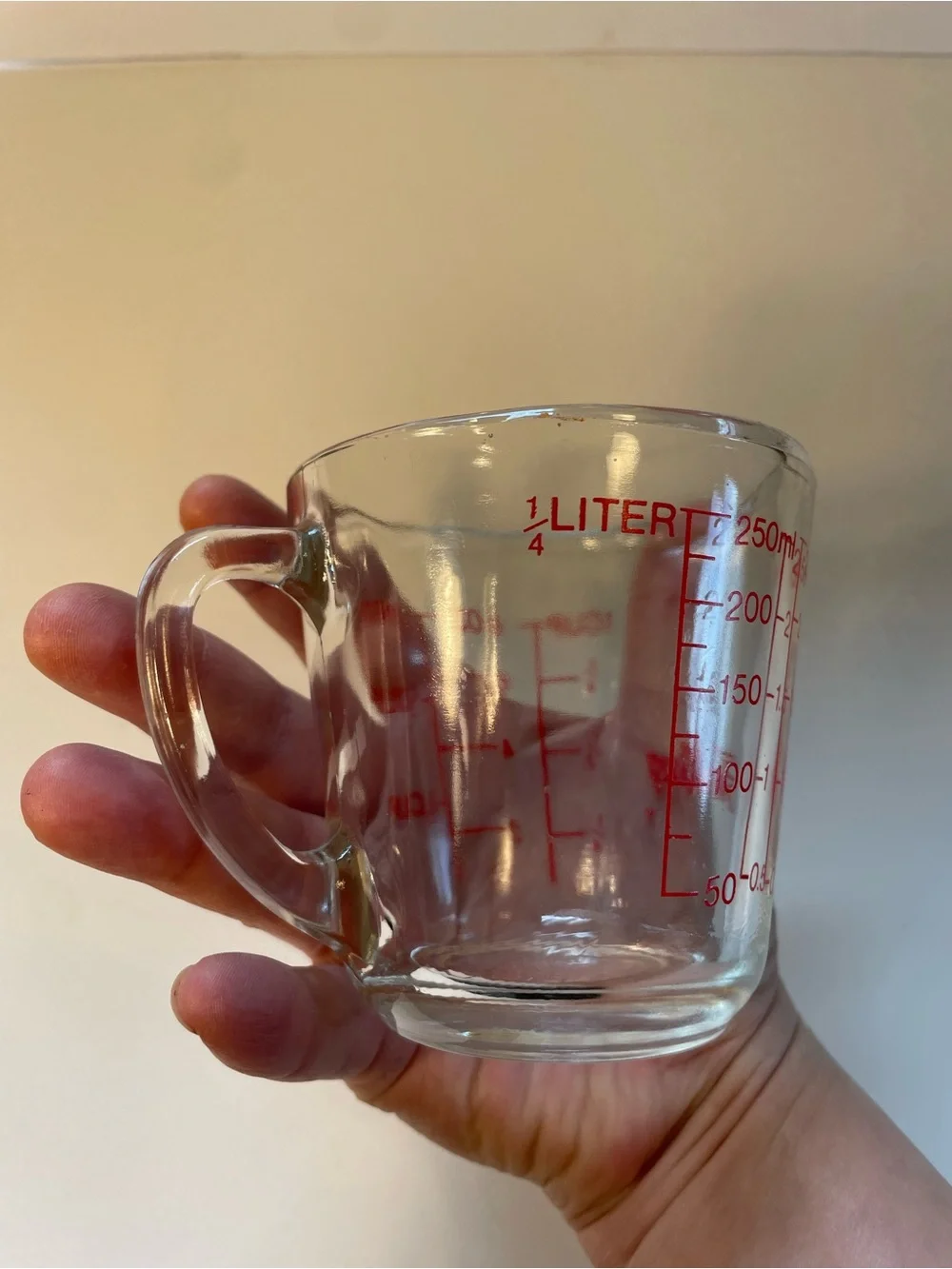 Vintage Fire-King 1 Cup Glass Measuring Cup Anchor Hocking Red Graphics USA